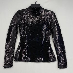 Intimately Free People Women XS Sequined Top Black Fitted Long Sleeves High Neck